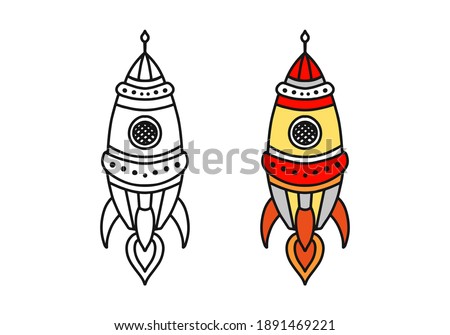 Rocket flies in cartoon hand drawn vector illustration. Can be used for printing on t-shirts, baby clothes design, baby shower invitation card. Coloring book for children.