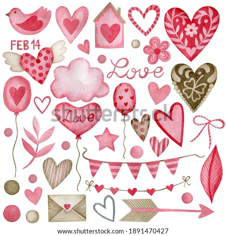 Set of watercolor elements isolated on white background for Valentine's Day, Wedding.