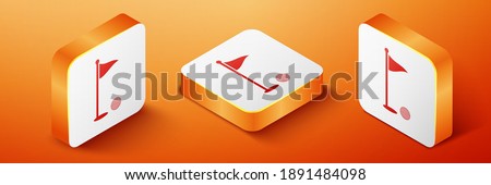 Isometric Golf ball and hole with flag icon isolated on orange background. Golf course. Ball and flagstick in hole. Sport concept. Orange square button. Vector.