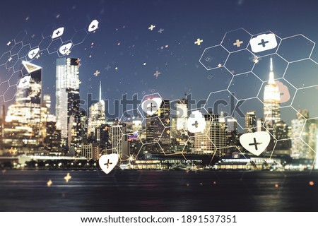 Abstract virtual medical hologram on New York cityscape background, online medical consulting concept. Multiexposure