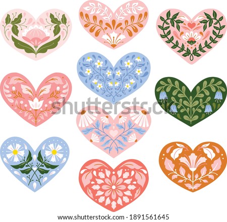 Vector floral folk art Valentine's day hearts clip art set isolated on a white background