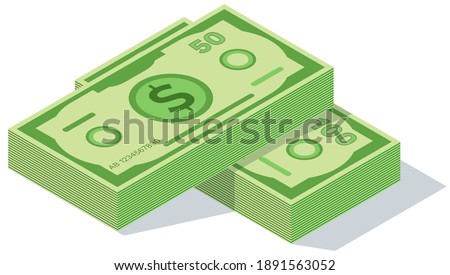 Concept of big money. Big pile of cash. Hundreds of dollars. Dollar banknote for clip art vector illustration. A bundle of money isolated on white background. Money, American currency, green banknotes