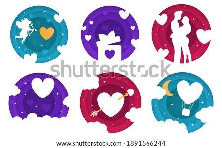 Cut paper effect. Cupid shoots a heart, a gift box with a heart, a couple in love, a heart is pierced by an arrow of Cupid, a balloon in the sky. Modern illustration. Valentine's Day concept.