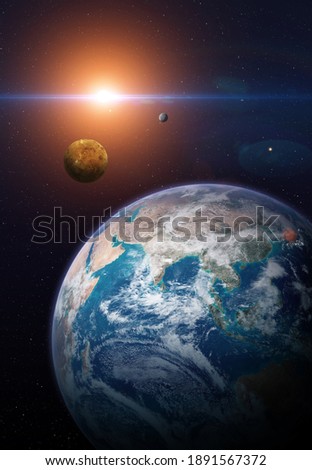 View of the planet Earth from space. Solar system planets: Earth, Venus, Mercury. Terrestrial planets. Sci-fi background. Elements of this image furnished by NASA.  Royalty-Free Stock Photo #1891567372