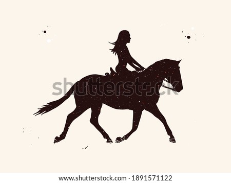 Girl on horse. Female rider abstract silhouette. Night starry sky