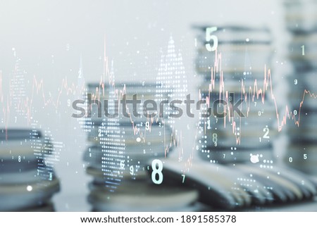 Multi exposure of abstract virtual financial graph hologram on stacks of coins background, forex and investment concept