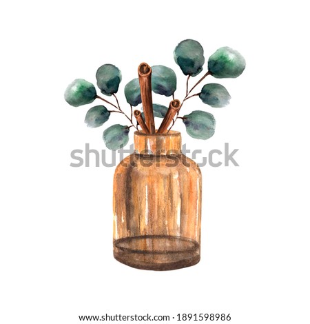 Watercolor composition of brown glass vase with eucalyptus branches and cinnamon in it. For wedding decor, invitations, greeting cards, poster, prints, advent calendars, logo,scrapbooking or packaging