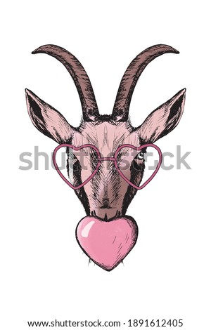 Goat sketch. Romantic sketch in pink colors on white background