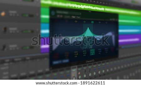Screen of Sound and Music Editing Application. User Interface of DAW Digital Audio Workstation Software with Equalizer.