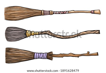 Set of three different magical wooden broomsticks. Wizard items. Halloween attributes. Hand drawn illustration isolated on a white background.