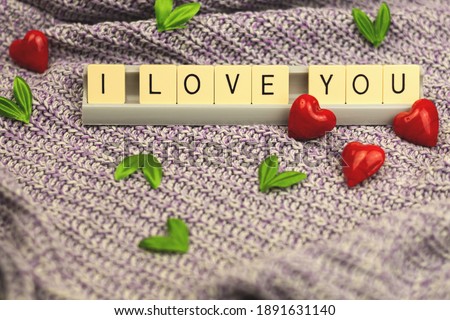 Valentine's Day text I love you maded by lettetrs, red hearts on knitted background, decoration wallpaper and composition photo
