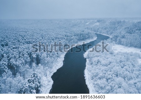 White winter background with Neris river, aerial picture