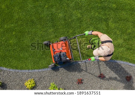 Backyard Garden Lawn Aeration Job Aerial View For Controlling Lawn Thatch and Soil Compaction. Gardening and Landscaping Industry Theme. Royalty-Free Stock Photo #1891637551