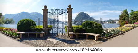 Lugano, Switzerland: view of the gulf from the botanical garden of the city Royalty-Free Stock Photo #189164006
