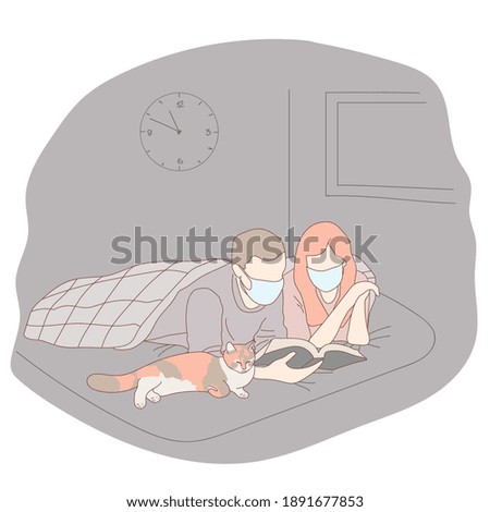 Young couple lying on the bed with cat at home on self-quarantine. Husband and wife quietly in cozy, family environment in quarantine in protective masks. Vector illustration