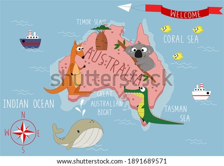  Australia cartoon map. Children poster with animals. 