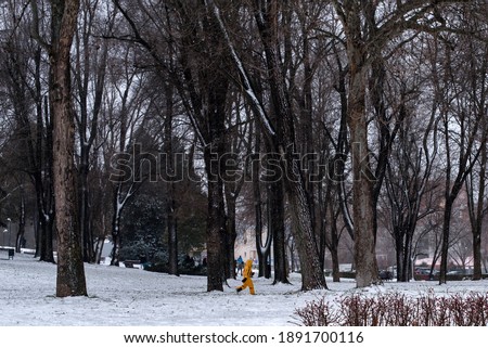 A little kid wearing a yellow snowsuit is walking in between the trees of a park covered by snow