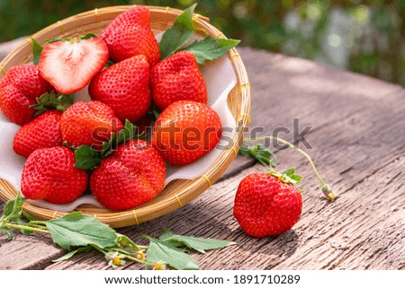 Fresh strawberries on blur garden background, Red Strawberries in Bamboo basket.