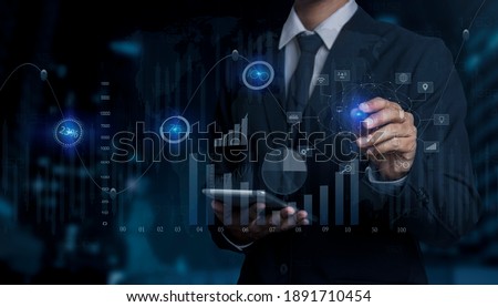 Double exposure of businessman using digital tablet with stock market graph or forex trading chart, Business and financial concept.