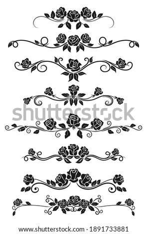 Dividers and frame border lines vector design with black rose flowers. Floral ornament and ornate pattern of rose vine swirls, blossom, buds and leaves, vintage vignette and calligraphy elements
