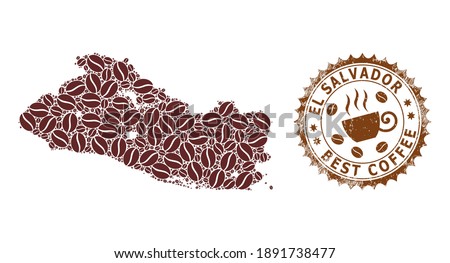 Coffee mosaic map of El Salvador and unclean badge. Vector map of El Salvador collage is formed with chocolate. Round rosette stamp in brown colors. Vector composition for best coffee delivery marks.