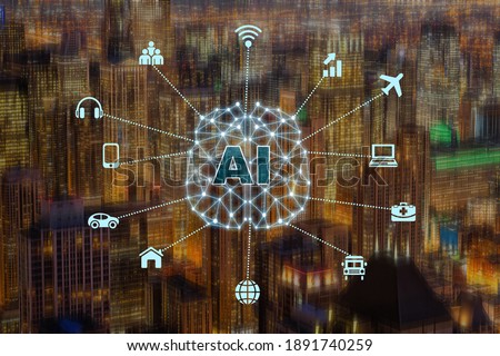 Artificial Intelligence and Internet of Things Technology over the Chicago Cityscape, USA downtown skyline, Architecture and building with tourist, Ai and AR with IOT icon concept