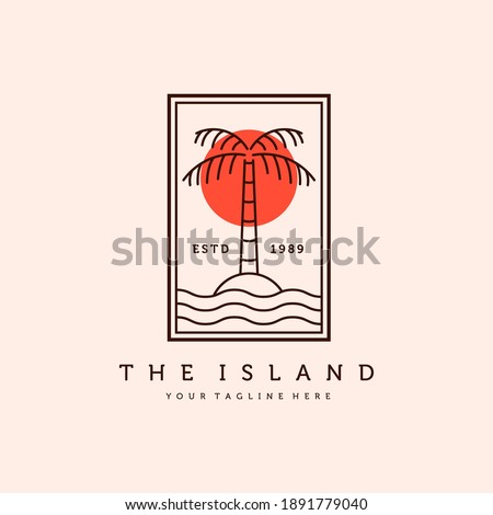 Palm or Coconut Line Art Logo Vector Illustration Design. Vintage Hand Drawn Palm Logo Badge Template Design. Sunset In The Island Logo Concept.