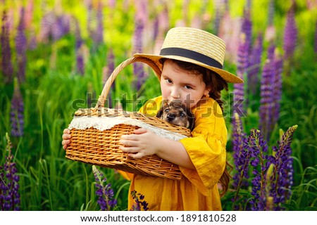 A little girl in a hat holds a basket with a shepherd puppy in nature in a field with lilac flowers in the background. Tender love for a pet.