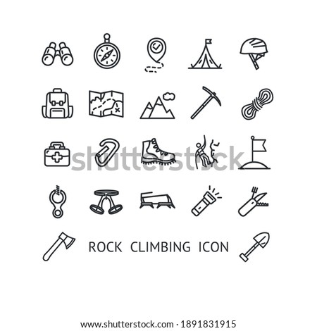 Rock Climbing Sign Thin Line Icon Set Include of Helmet, Backpack and Carabiner. Vector illustration of Icons