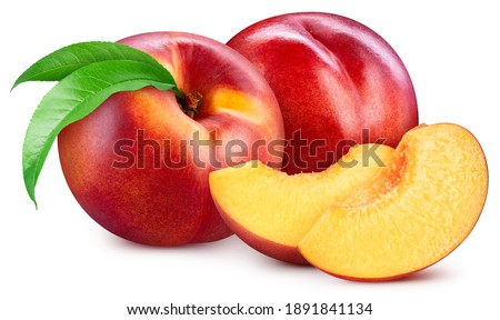Peach fruit with mango leaf isolated on white background. Peach clipping path. Professional studio macro shooting Royalty-Free Stock Photo #1891841134