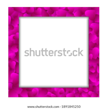 Heart frame vector love border with pink petals, hearts or confetti. Valentine day wedding invitation or cover design with copy space, photo frame isolated on white background, square template