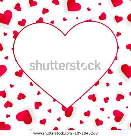 Heart frame vector empty border, love background with red hearts confetti or petals. Photo frame, banner, Valentine day or wedding invitation template with copy space isolated on white background