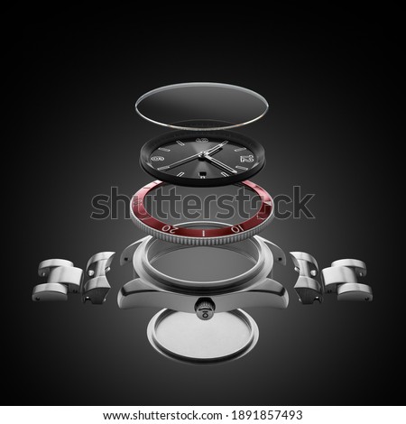 Exploded view of a wrist watch 3d rendering Royalty-Free Stock Photo #1891857493