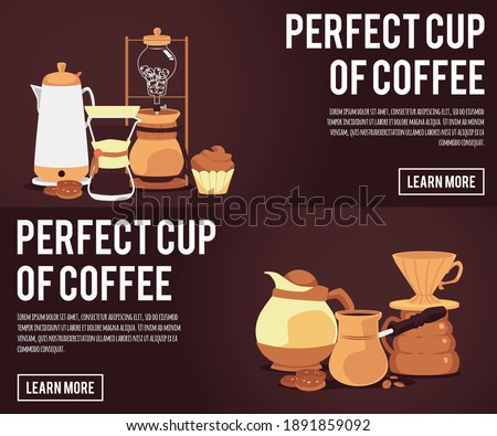 Card or banner design for coffeeshop or coffee house with various utensils and supplies for coffee brewing and serving, flat vector illustration on dark background.