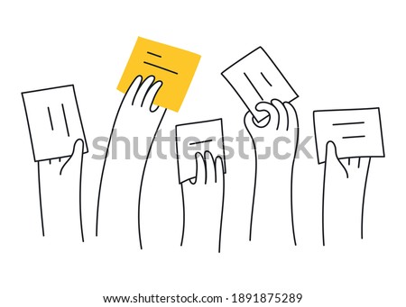 The voting process, bidding, hands raised up with papers. Sale and buy. Thin outline vector illustration on white. Royalty-Free Stock Photo #1891875289