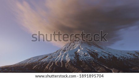 Volcano mountain under sunset foggy light with clouds above
