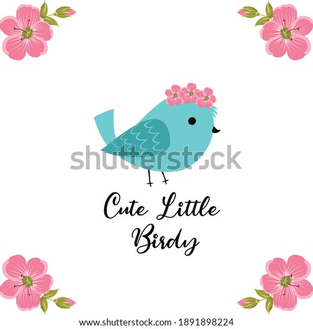 Cute Little Blue Bird With Beautiful Pink Flowers, Print, Design