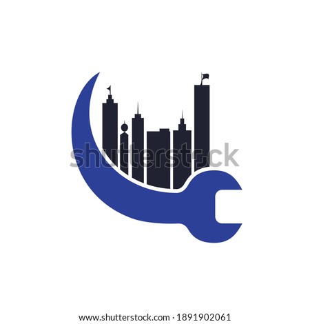 House repair company logo template. Wrench and building icon vector design.