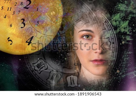Woman's face, moon and numerology
