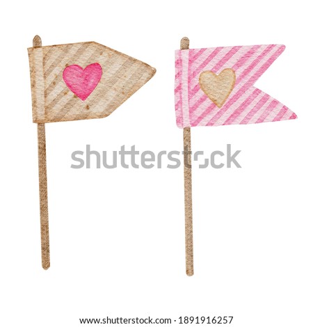 Set of hand painted watercolor flags with hearts in bright pink and biege colors. Isolated objects perfect for Valentine's day card or romantic post cards