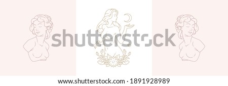 Female busts and magic woman with moon crescent in boho linear style vector illustrations set. Elegant bohemian emblems in golden lines feminine symbols for mystic logo and cosmetic packaging Royalty-Free Stock Photo #1891928989