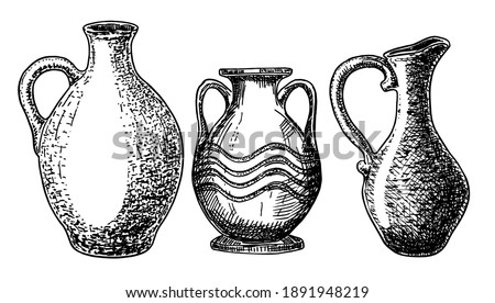 Earthenware and ceramic vector sketch set.Vector isolated illustration jug and other earthenware. Icon set of ceramic dish and vase. Royalty-Free Stock Photo #1891948219