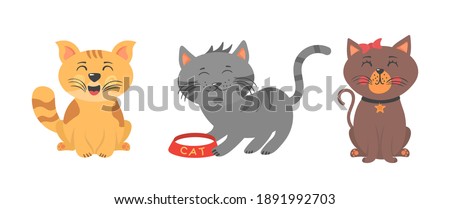 Cute kittens playing, stretching and sleeping. Cartoon cat characters collection. Different amusing pets isolated on white background. Flat color simple style design. Vector illustration, eps 10.