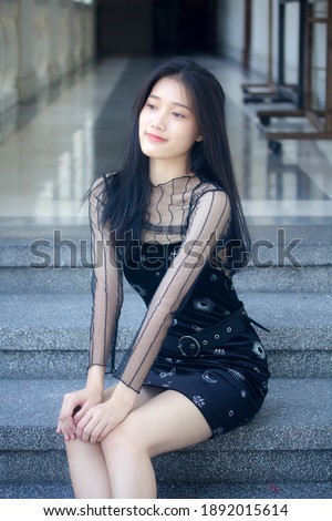 asia thai teen black dress beautiful girl smile and relax