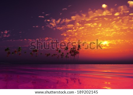 purple sunset in clouds over coconut tropic island