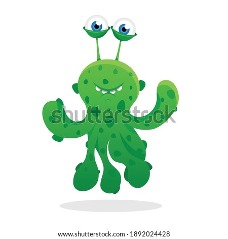 cute, friendly, green monster alien with tentacles in spots smiles. Cartoon style.