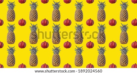 Ripe, juicy pineapple and pomegranate on a yellow isolated background.The concept of healthy eating. Seamless pattern. Original packaging design