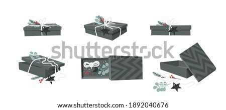 Cartoon Illustration Christmas Gift Box isolated. Creative Flat Style Art Work Collection. Actual drawing of Holiday Things Packing. Cozy Winter Decoration set