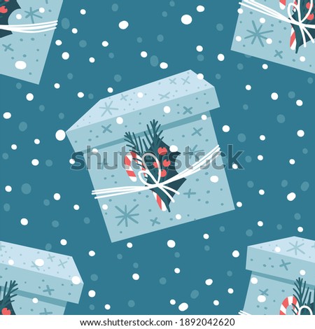 Cartoon Seamless Pattern with Snowy Christmas Gift Box. Creative Flat Style Art Work Collection. Actual drawing of Holiday Things Packing. Cozy Winter Illustration