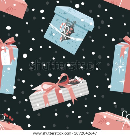 Cartoon Seamless Pattern with Snowy Christmas Gift Box. Creative Flat Style Art Work Collection. Actual drawing of Holiday Things Packing. Cozy Winter Illustration
